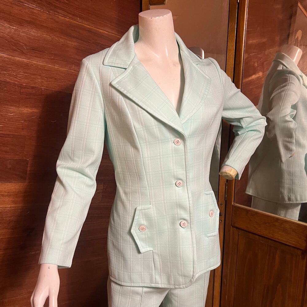 VINTAGE 70s Diamond Blue Plaid Leisure Suit Size 6 Retro Mod Flare 2 Piece